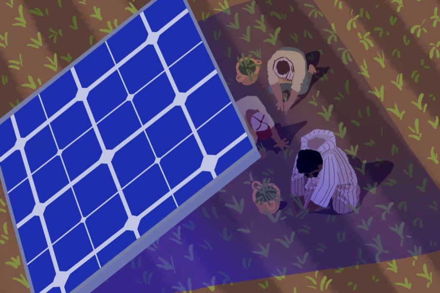 Cartoon showing farmers picking crops underneath a solar panel