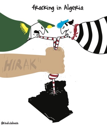 Cartoon showing the Hirak movement stopping the military and France from extracting resources