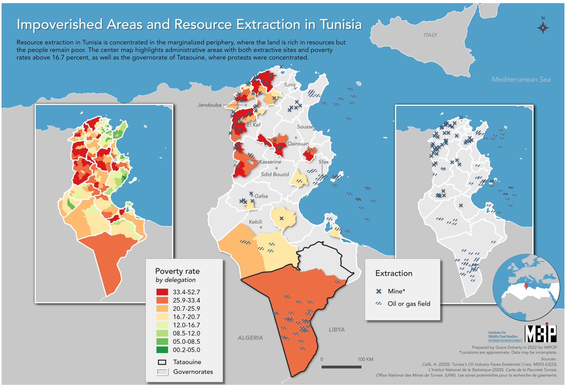 Maping showing resource extraction in Tunisia, which is concentrated in the marginalized periphery.