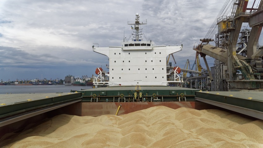 Wheat grain for export sits in the hold of a cargo ship during loading at Nikolaev port in Nikolaev, Ukraine.
