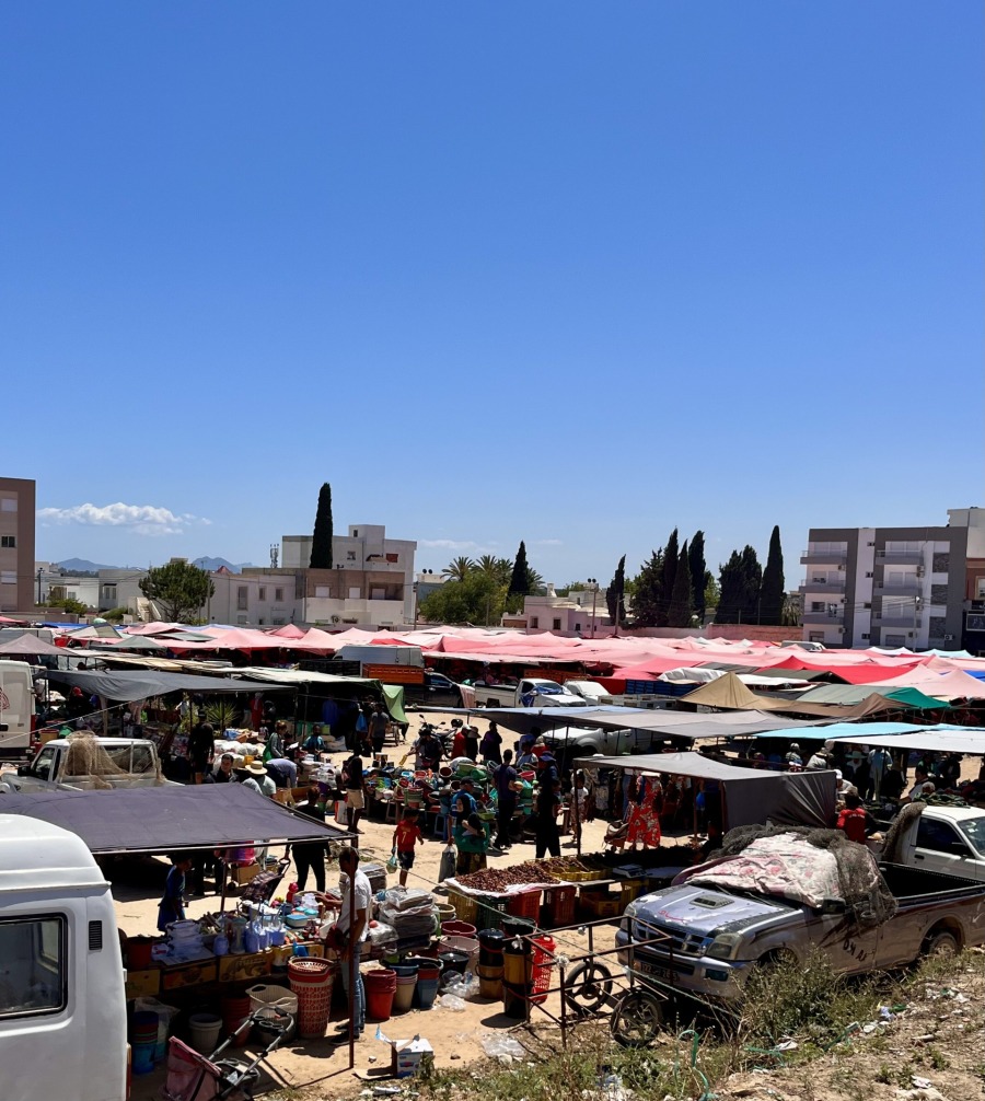 A mass of tents and vendors in the market of La Marsa, Tunisia